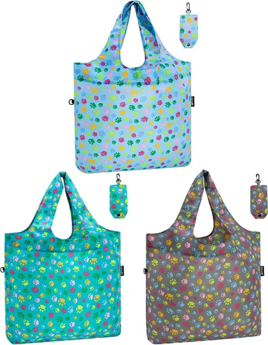 Vista 18 de HOLYLUCK Bolsas de comestibles reutilizables, bolsa de compras plegable resistente (estándar, 3 huellas de patas de perro azules)