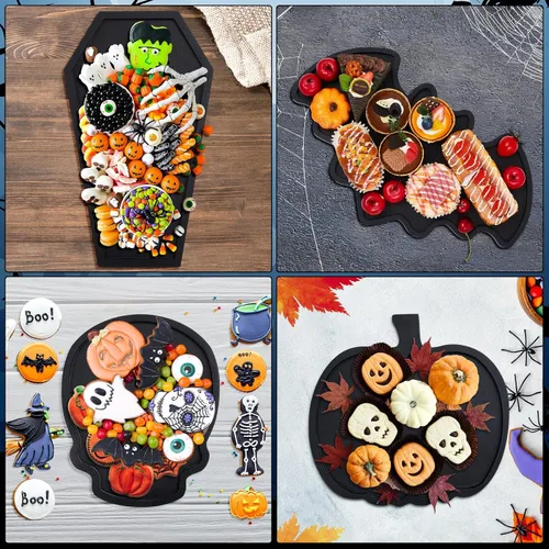 Vista 5 de Liliful Tablas de madera de calabaza de Halloween, tabla de queso de bambú, plato de charcutería y bandeja para servir para fiestas, bandeja