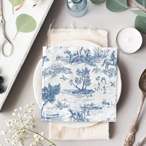 Vista 5 de AnyDesign 80 servilletas de papel azul y blanco clásicas con estampado de pueblo francés, servilletas desechables rústicas decorativas para cena