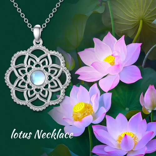 Vista 5 de YOSOPRETTY Lotus Necklace 925 Sterling Silver Lotus FlowerLotus Fish Crystal Pendant Necklace Moonstone Jewelry Gifts for Women Girls