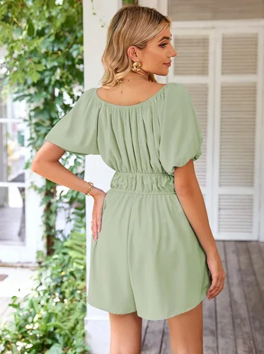 Vista 8 de Linsery Overol corto de verano para mujer, con hombros descubiertos, manga abombada, con volantes