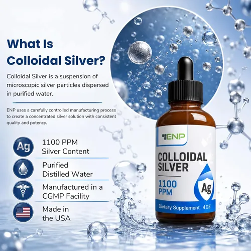 Vista 2 de Líquido de plata coloidal 1100 ppm - Suplemento mineral de alta potencia para apoyo inmunológico - Botella de vidrio ámbar con cuentagotas - 4 oz