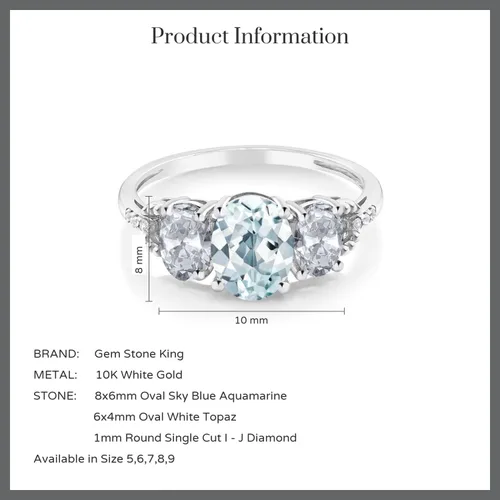 Vista 4 de Gem Stone King Anillo de compromiso de oro blanco de 10 quilates con topacio blanco aguamarina y diamante con acento de 3 piedras para mujer