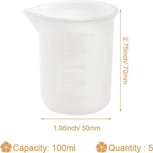 Vista 4 de Woohome Kit de herramientas de 5 tazas medidoras de resina de silicona, vasos de medición de 3.4 fl oz con cuentagotas de plástico para mezcla