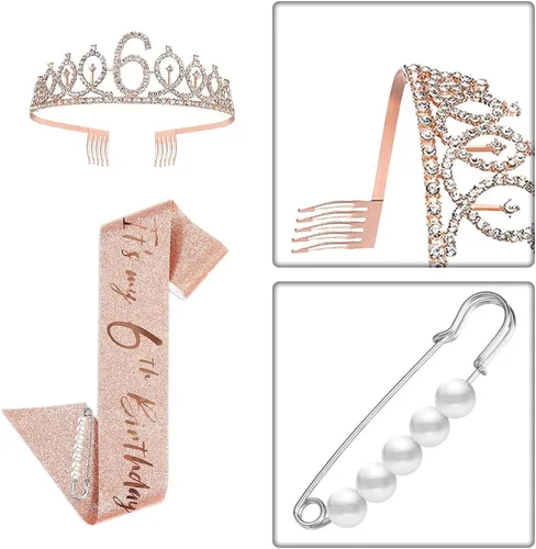 Vista 4 de Juego de banda y tiara de 6º cumpleaños, corona de banda de cumpleaños de oro rosa, suministros para fiesta de cumpleaños