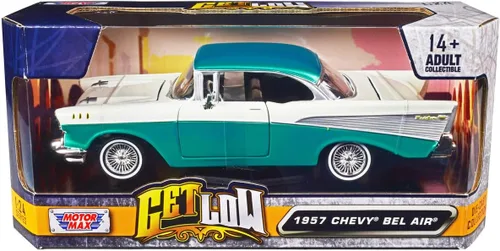 Vista 2 de 1957 Chevy Bel Air Lowrider Turquesa Metálico y Blanco Get Low Series 1/24 Modelo de auto fundido a presión por Motormax 79029