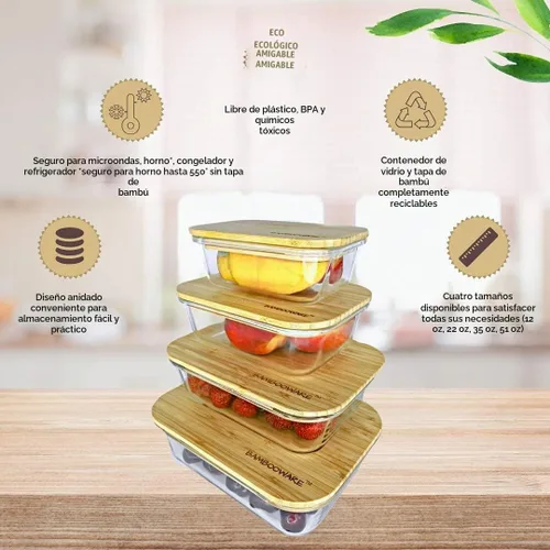 Vista 7 de Bambooware Recipientes de vidrio con tapas Juego de cristalería no plástica – Tapas de bambú de madera orgánica natural Juego de 4