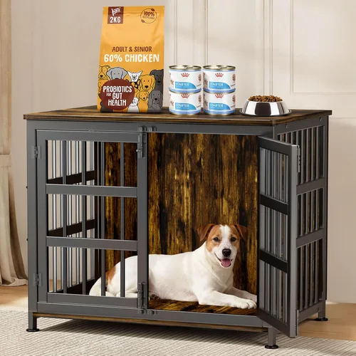 Vista 19 de Jaula para perros de 26 pulgadas, jaulas para perros de razas grandes, jaulas para perros interiores de madera, mesa auxiliar, jaula combinada