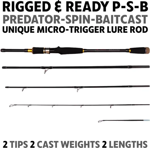 Vista 2 de Rigged and Ready Predator Series Spin & Baitcast Travel Fishing Rods. Unique Spin Cast Micro Trigger. Compact Hi-Carbon Rods. 4 Rod Sections, 2
