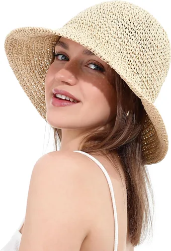 Vista 5 de Sombrero de sol para mujer, hecho a mano, cubo de paja de ganchillo para verano, plegable, gorra de viaje Beige
