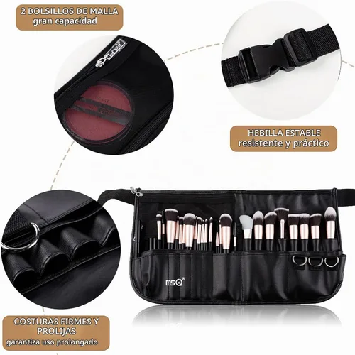 Vista 7 de MSQ Bolsa de brochas de maquillaje con cinturón, paquete de delantal plegable con múltiples bolsillos, organizador para brochas de cosméticos