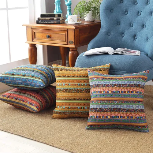 Vista 4 de TAOSON Funda de almohada de lino de mezcla de algodón antiguo con rayas verdes, estilo bohemio, funda de almohada con cierre de cremallera oculta