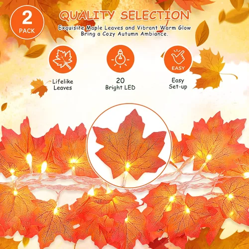 Vista 2 de Paquete de 2 decoraciones de otoño para el hogar, luces de otoño que funcionan con pilas, total de 20 pies, 40 luces LED de hoja de arce con cadena