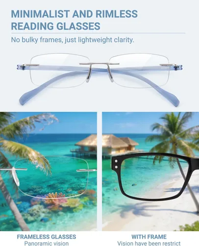 Vista 7 de TERAISE Anteojos de lectura sin montura para hombres y mujeres, lentes de lectura con bloqueo de luz azul, ultraligeros sin marco, para hombres
