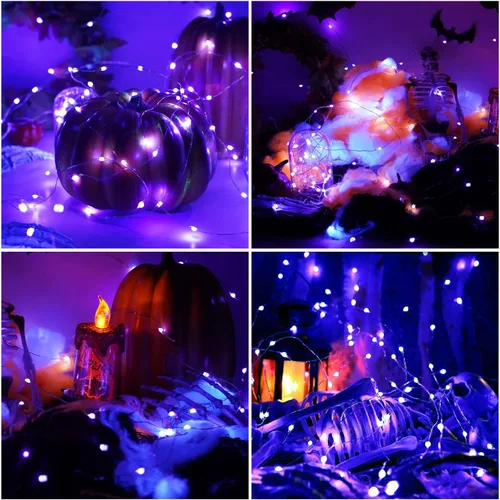 Vista 6 de Luces LED negras UV a pilas, paquete de 2 luces LED de 6.56 pies, 20 luces LED UV, accesorios de luz negra flexibles, luces de hadas moradas
