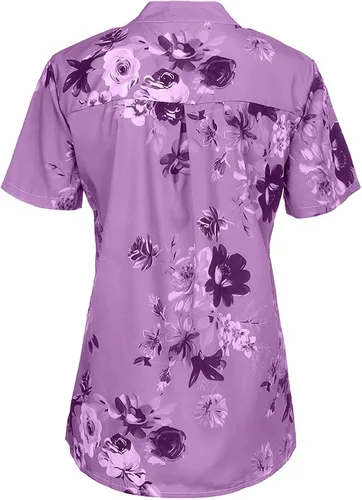 Vista 6 de MRGIINRI Womens Tops 2023 Button Down Summer Fashion Floral Blouse Dressy Casual Short Sleeve Loose Fit Shirts with Pockets