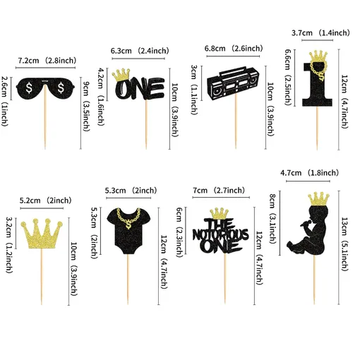 Vista 2 de Ercadio Paquete de 24 adornos para cupcakes The Notorious One con purpurina negra, Hip Hop, 1st Cupcake Picks The Big One, decoraciones para baby