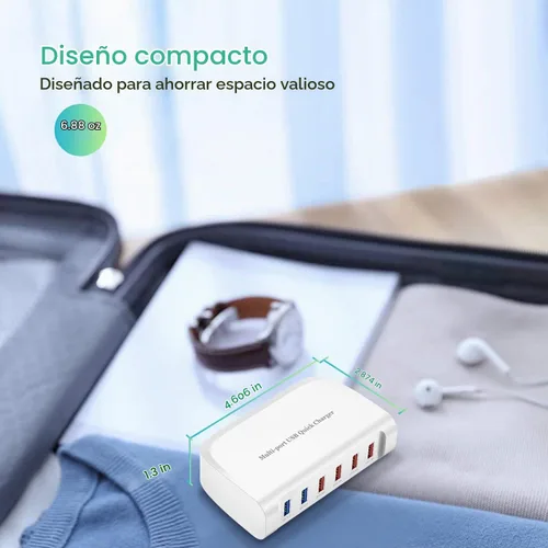 Vista 4 de Cargador rápido USB, estación de carga portátil de 6 puertos, adecuado para varios dispositivos, compatible con iPhone, iPad, Samsung, Google