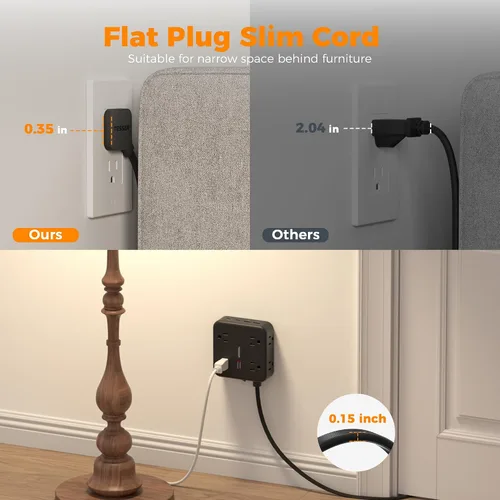 Vista 7 de TESSAN Regleta de alimentación con doble protector de sobretensiones, cable de extensión de 5 pies, enchufe de pared plana con 4 USB (2 USB C) 8