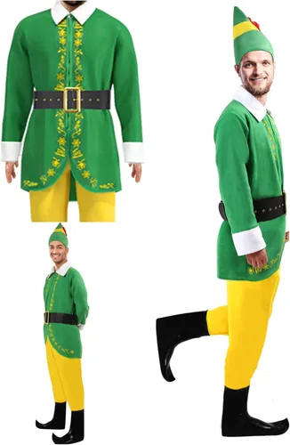 Vista 9 de Disfraz de elfo para hombre disfraz de amigo para Halloween Navidad cosplay conjunto completo de disfraces de fantasía trajes de fiesta verdes