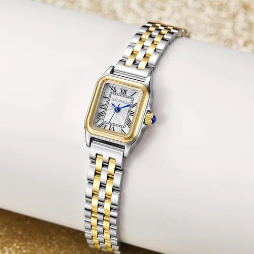 Vista 9 de Relojes pequeños de oro para mujer con funda rectangular vintage, esfera romana clásica, banda de acero inoxidable resistente al agua con cadena