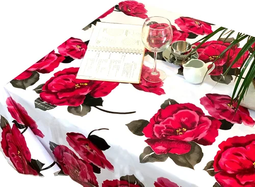 Vista 15 de Alux - Mantel de plástico con flores de hibisco para patios, picnic y mesas de cocina, azul y rojo, vinilo de plástico, mantel de plástico