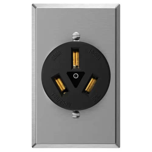 Vista 8 de AIDA NEMA10-30R Receptáculo de alimentación de montaje empotrado con placa frontal de acero inoxidable de 2 cuadras, toma de corriente de hoja recta