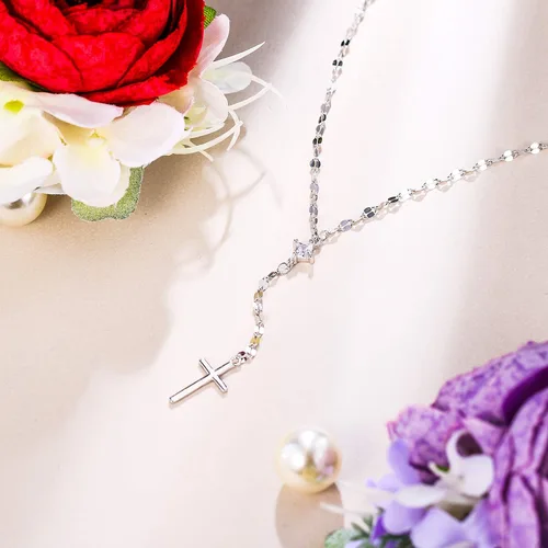 Vista 5 de EVER FAITH Encantador collar de plata 925 en forma de Y, circonita cúbica blanca con colgante de cruz religiosa Lariat, regalo de joyería