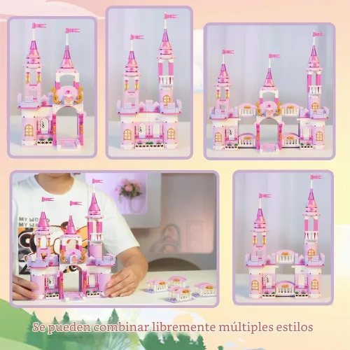 Vista 5 de Juguetes de bloques de construcción de castillo de princesa para niñas, 541 piezas, castillo multiforma, globo aerostático, juguetes para niñas