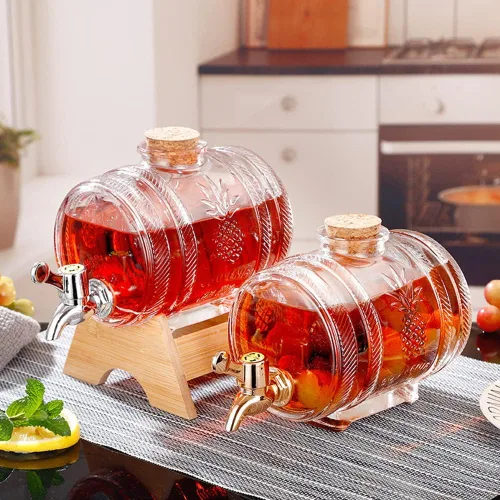 Vista 3 de Dispensador de bebidas de barril de vidrio de 1 litro con espita y soporte Dispensador de bebidas frías Dispensador de barril de vino (plata)