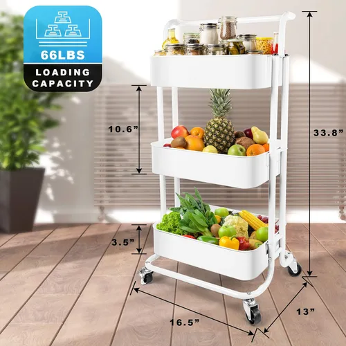 Vista 9 de Homchwell - Carrito de metal con ruedas bloqueables, 3 niveles, organizador multifunción con asa y cesta de malla, para cocina, café, baño u oficina