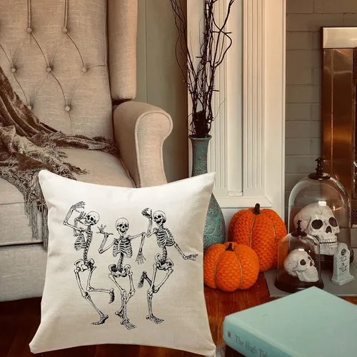 Vista 3 de Funda de almohada con diseño de calavera de Halloween, decoración del hogar, lino y algodón, funda de cojín de 18 x 18 pulgadas / 45.72 x 45.72 cm.