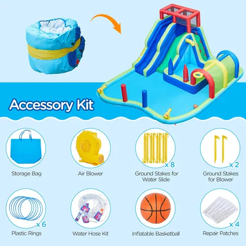 Vista 8 de Tobogán acuático inflable de Yaheetech, ventilador combinado 650W del tobogán acuático del carril doble w/Long Tunnel & Climbing Wall & Punching