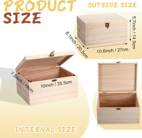 Vista 3 de Yookeer 2 Piezas Cajas Grandes de Madera Sin Terminar con Tapa con Bisagras y Cierre Frontal, Cajas de Madera Rectangulares Sin Pintar