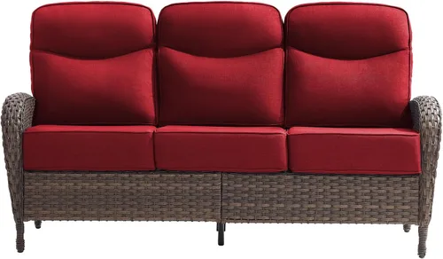 Vista 16 de Sofá de lujo para patio, sofá de mimbre para exteriores con cojines sonrientes de 6 pulgadas, respaldo alto, resistente, cómodo, mimbre marrón