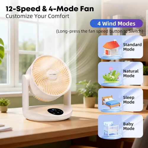 Vista 6 de Ventilador de mesa recargable portátil con luz nocturna, ventilador de escritorio con batería de 20000 mAh, ventilador de circulación de aire