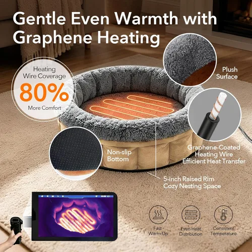 Vista 4 de 5V Heated Pet Bed with Adapter, Dual-Sensor Safety, Cat & Dog, 20