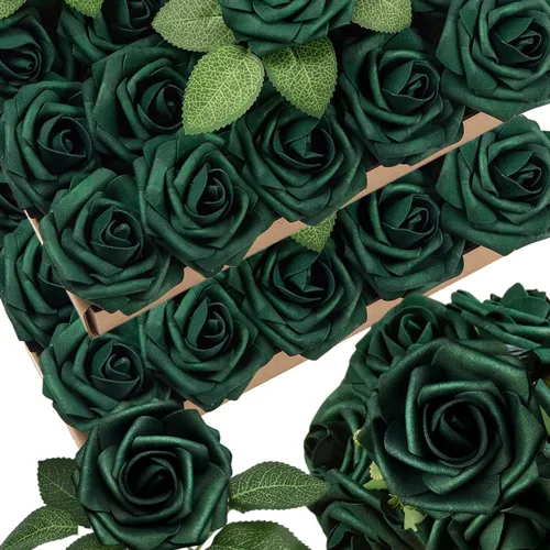 Vista 8 de 25 piezas Flores Artificiales de Espuma Rosas Falsas con Tallos 8 Hojas Rosas Sintéticas de Aspecto Real para Ramos de Boda Centros de Mesa de Negro