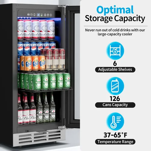 Vista 2 de Feelfunn Refrigerador de bebidas de 15 pulgadas bajo mostrador – Refrigerador de bebidas de 126 latas con puerta de vidrio para cerveza, vino y soda