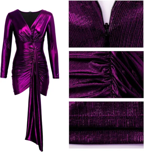 Vista 4 de BestGirl - vestido corto y sexy para mujer ajustado y brillante con cuello en V profundo manga larga para ir al club
