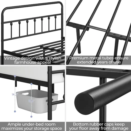 Vista 4 de Yaheetech Marco de cama con plataforma de metal, cabecero y estribo Negro