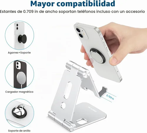 Vista 7 de OMOTON Soporte plegable para teléfono celular, C4 soporte de teléfono de aluminio portátil, base de acoplamiento ajustable para teléfono compatible