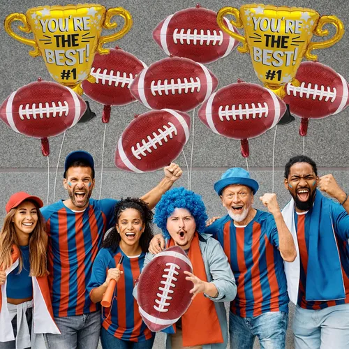 Vista 4 de Juego de 10 globos de fútbol, bola de rugby, trofeos, globos de papel de aluminio, decoraciones de fiesta de fútbol para portón trasero, celebración