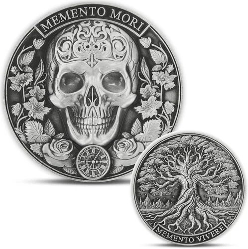 Vista 7 de Memento Mori Stoic Coin - Parca y reloj de arena, lápida de serpiente - Ficha de recordatorio de bolsillo con vitrina (moneda individual)