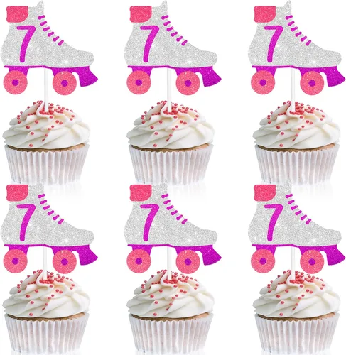 Vista 10 de 18 piezas de decoración de cupcakes para fiestas de cumpleaños número 10, decoración de patín rosa y morado para niños de 10 años y niñas, fiesta