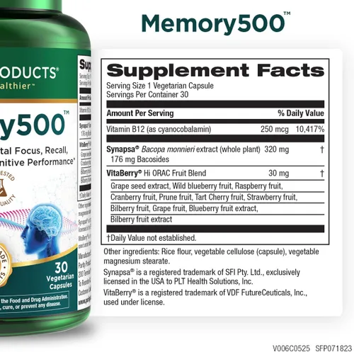 Vista 2 de Purity Products Memory500 Bacopa monniera/Complejo nootrópico Brahmi Elite - Soporta el rendimiento cognitivo máximo*, mayor velocidad
