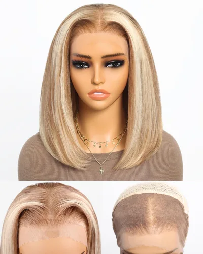 Vista 15 de Peluca de cabello humano rubio estilo Bob de 13 x 4 con encaje frontal, peluca Bob de 10 pulgadas 613 Lace Front Wig Human Hair Pre Plucked With