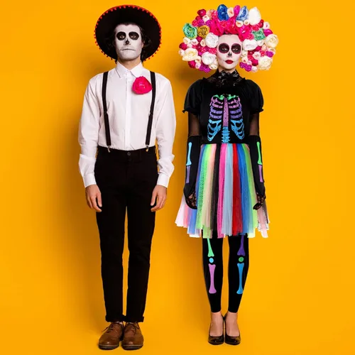 Vista 4 de 17 piezas de disfraces de huesos punk funk, vestido de tutú colorido de esqueleto, disfraz de esqueleto arco iris, camiseta de hueso, pantalones