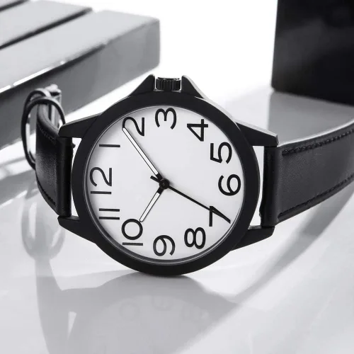 Vista 3 de NUOVO Reloj de cuarzo para hombre con correa de cuero, números árabes clásicos, blanco, vestido, estilo simple de moda