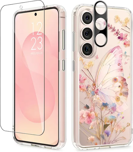Vista 79 de GVIEWIN Funda protectora para Samsung Galaxy S25, transparente floral, delgada, a prueba de golpes, para mujer, no se pone amarilla, con protector